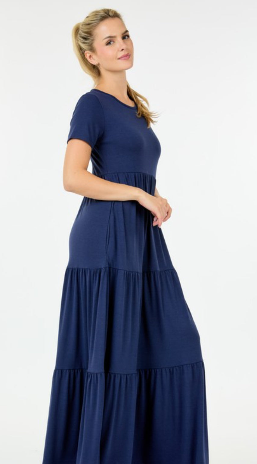 Navy Round Neck Solid Maxi Dress