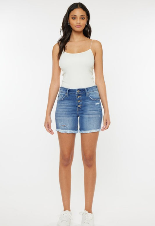 Kan Can Mid Rise Five Button Up Denim Shorts