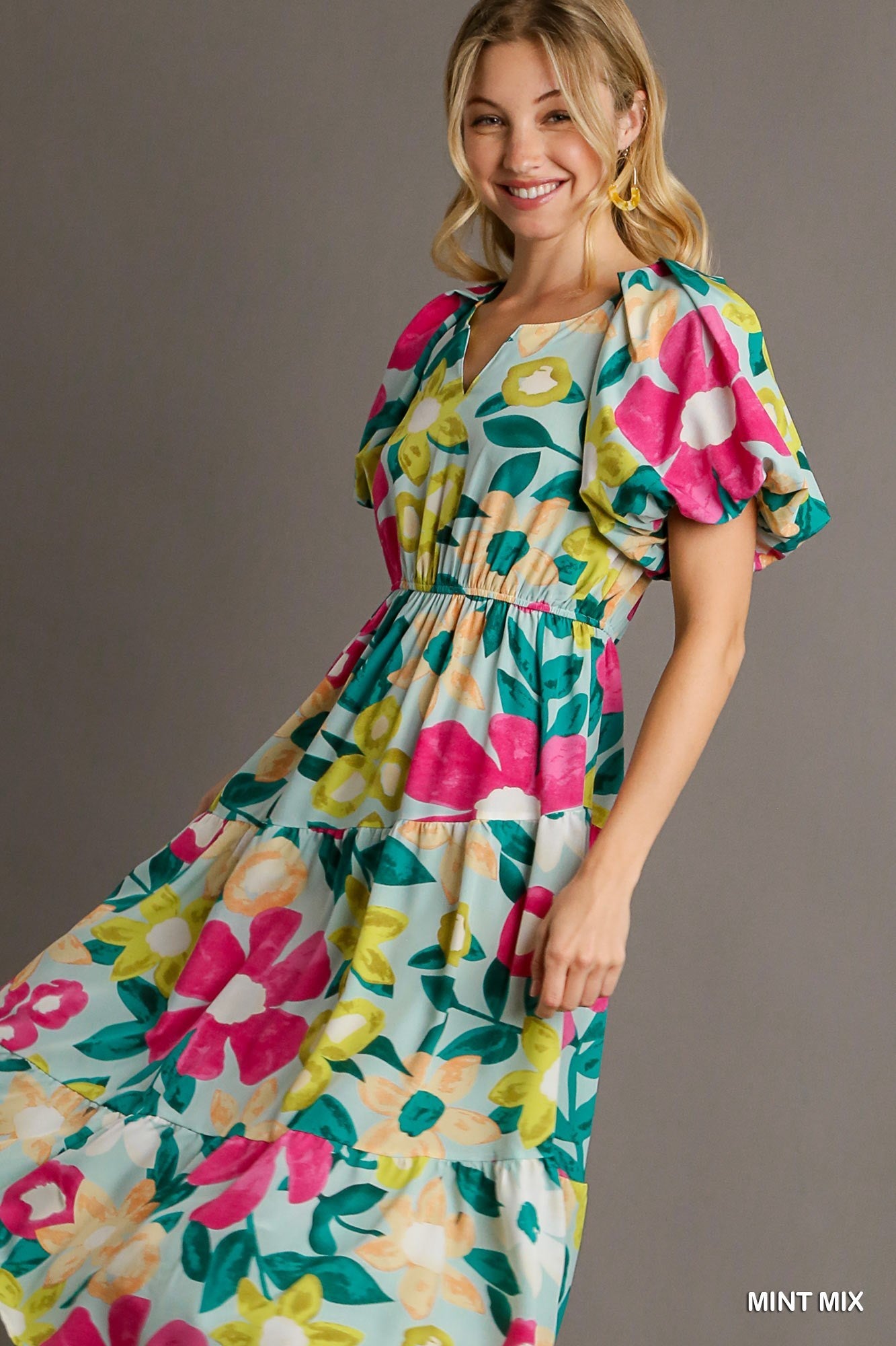 Floral Print Split Neckline Midi Dress with Short Balloon Sleeve & Pleat Features