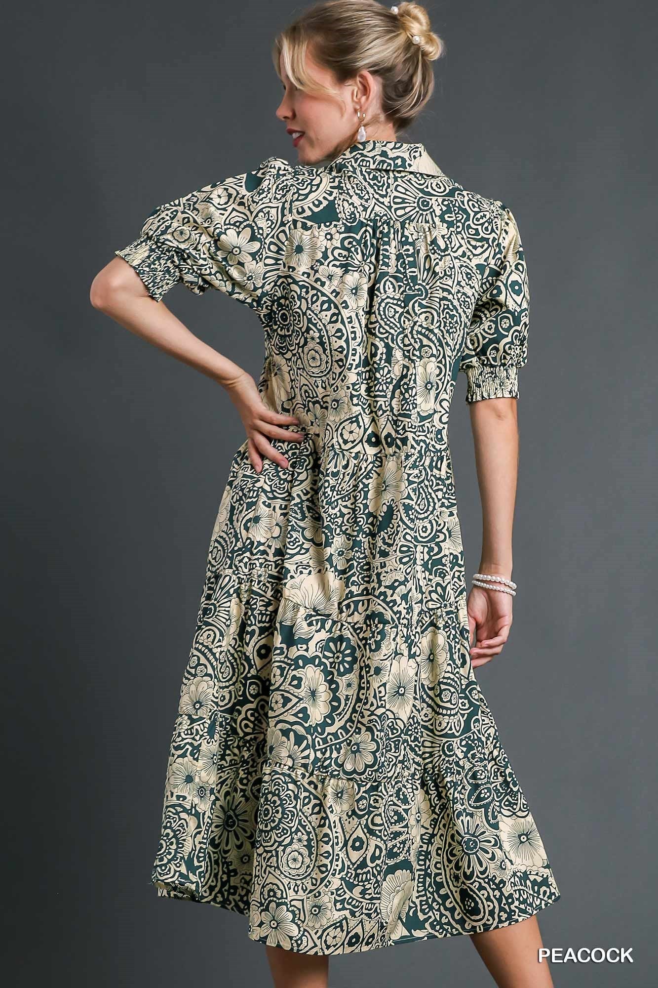 Peacock Abstract Print Tiered Dress