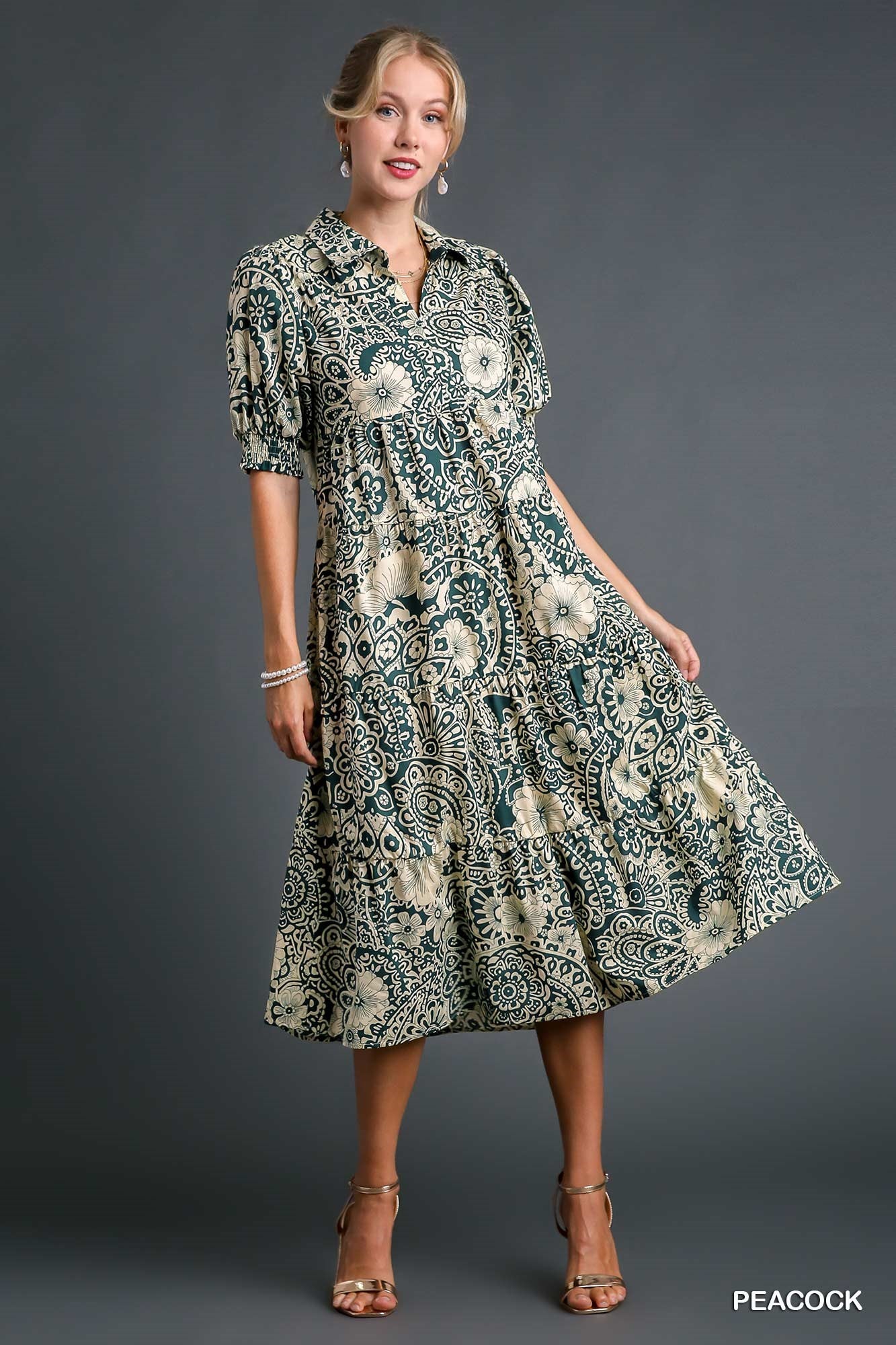 Peacock Abstract Print Tiered Dress