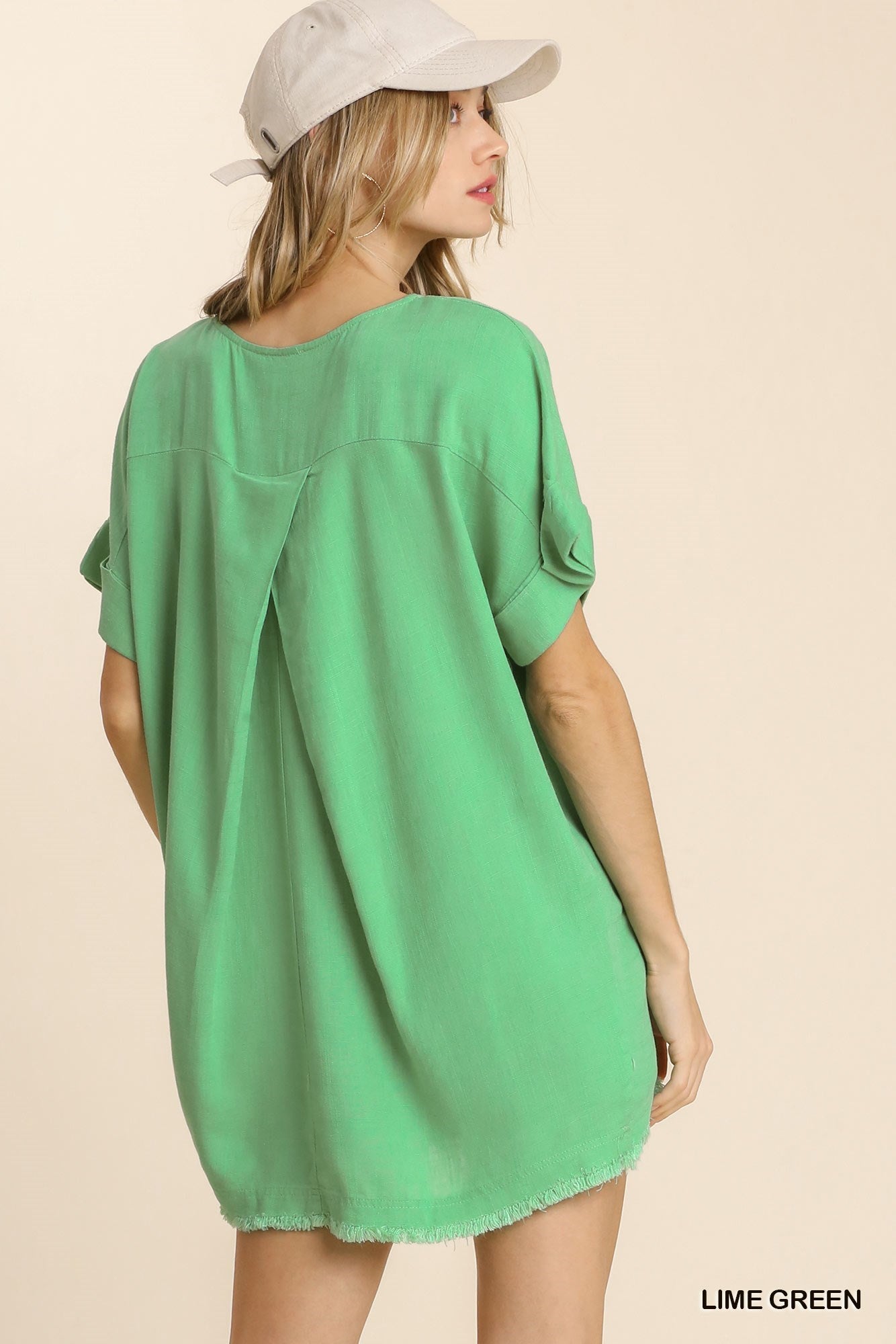 Lime Green Linen Blend Top with Cuffed Sleeves and Frayed Hemline Details