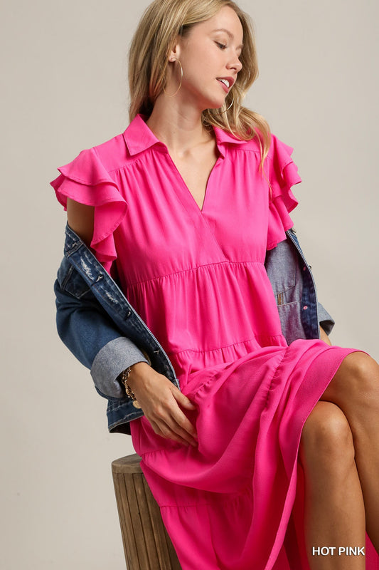 Hot Pink Collar Split Neck Short Ruffle Sleeves Tiered Midi Dress with No Lining