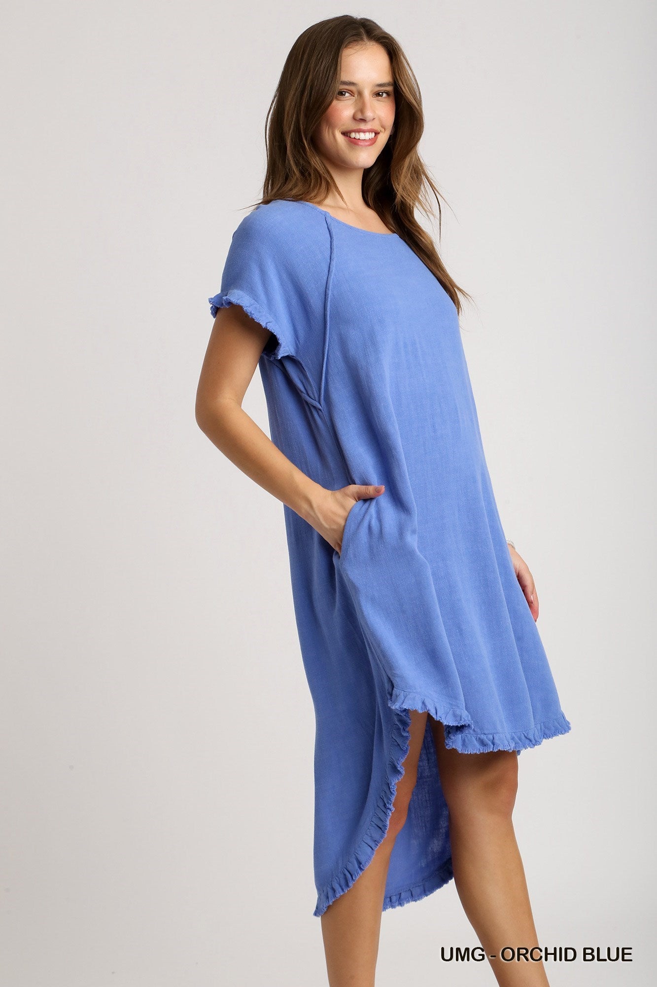 Orchid Blue Linen Blend Round Neck Pocket Dress