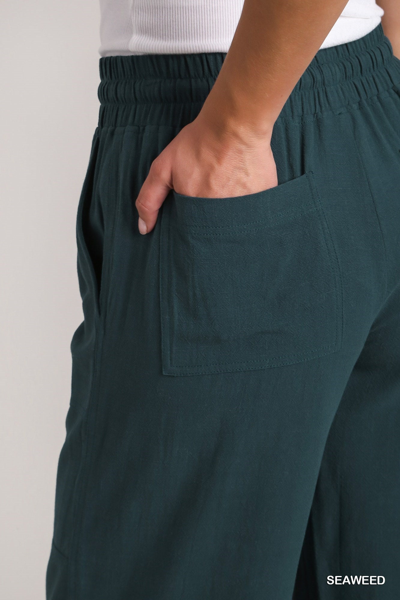 Sea Green Linen Blend Elastic Waistband Pants with Drawstring & Pocket Details