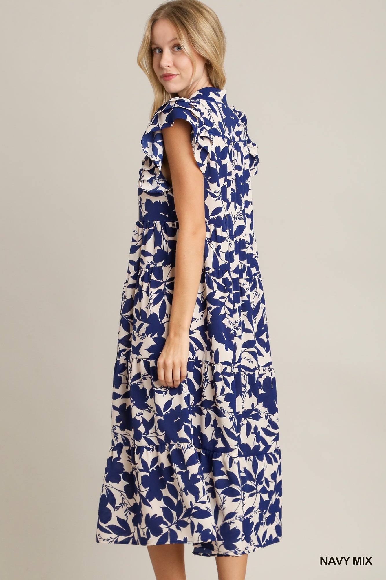 Two Tone A-Line Floral Print Collared Tiered Dress with Ruffle Sleeves