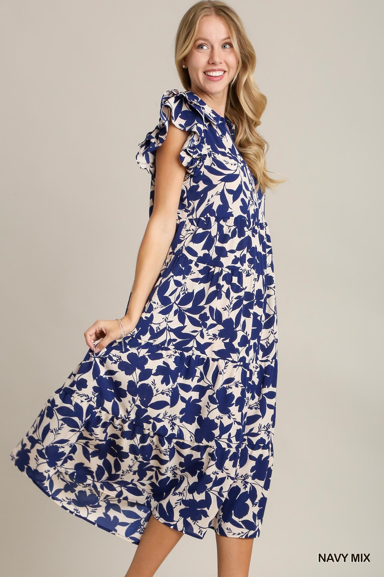 Two Tone A-Line Floral Print Collared Tiered Dress with Ruffle Sleeves