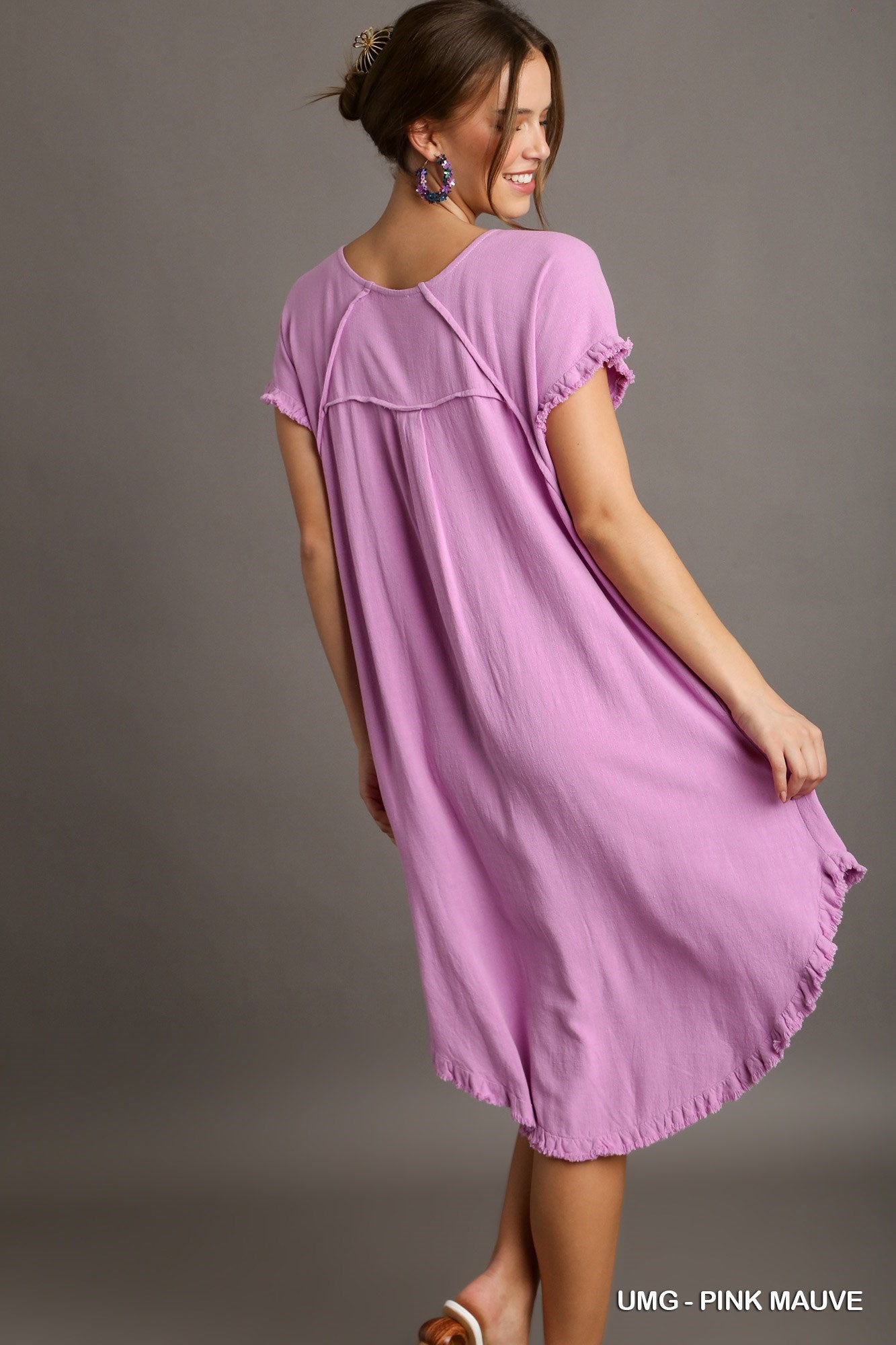 Pink Mauve Linen Blend Round Neck Pocket Dress