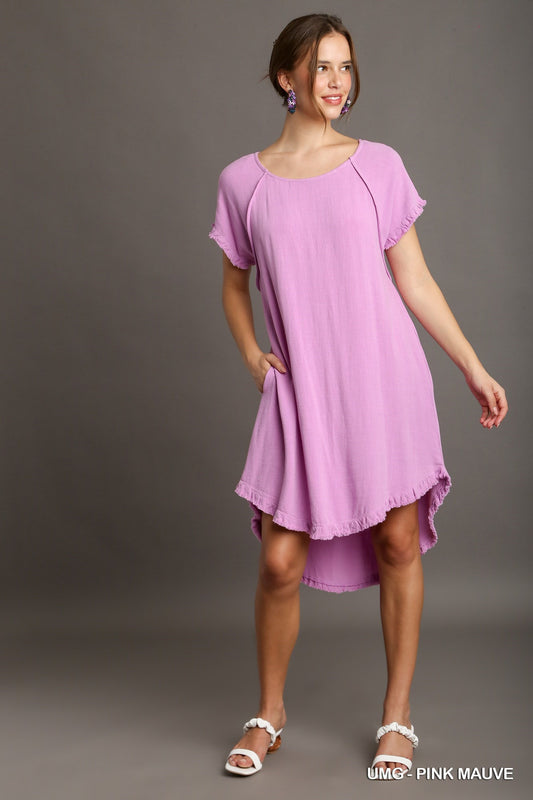 Pink Mauve Linen Blend Round Neck Pocket Dress