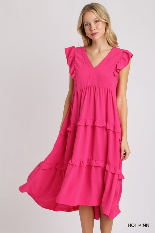 Ruffle Tiered Midi Dress with Flutter Sleeves & No Lining