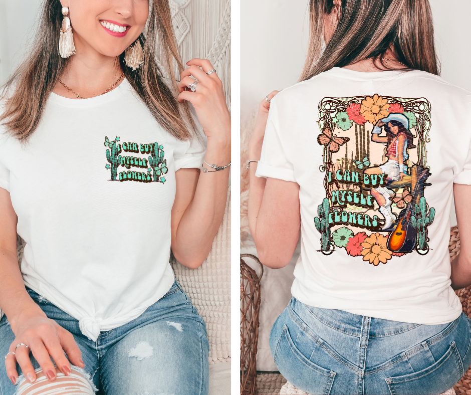 Product details  Custom sublimated tee that reads “I can buy myself flowers" Pressed on a Bella Canva shirt Short sleeve  Fits true to size Contact us about a custom color shirt.   *Colors may vary slightly due to monitor resolution and lighting* Southern Bliss Boutique
