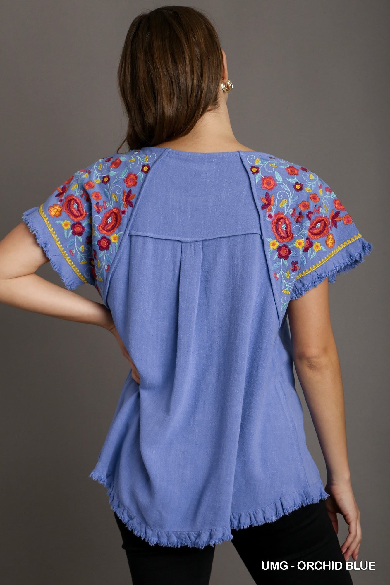Embroidery Round Neck Short Sleeve Linen Top with Frayed Ruffle Trim, Floral Embroidered Sleeves & Seam Detail