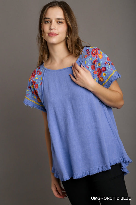 Embroidery Round Neck Short Sleeve Linen Top with Frayed Ruffle Trim, Floral Embroidered Sleeves & Seam Detail