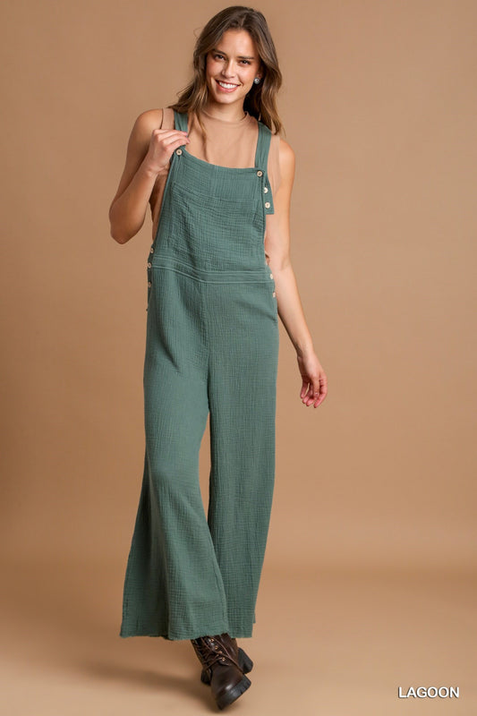 Button Detail Jumpsuit with Wide Bottoms & Unfinished Frayed Hem