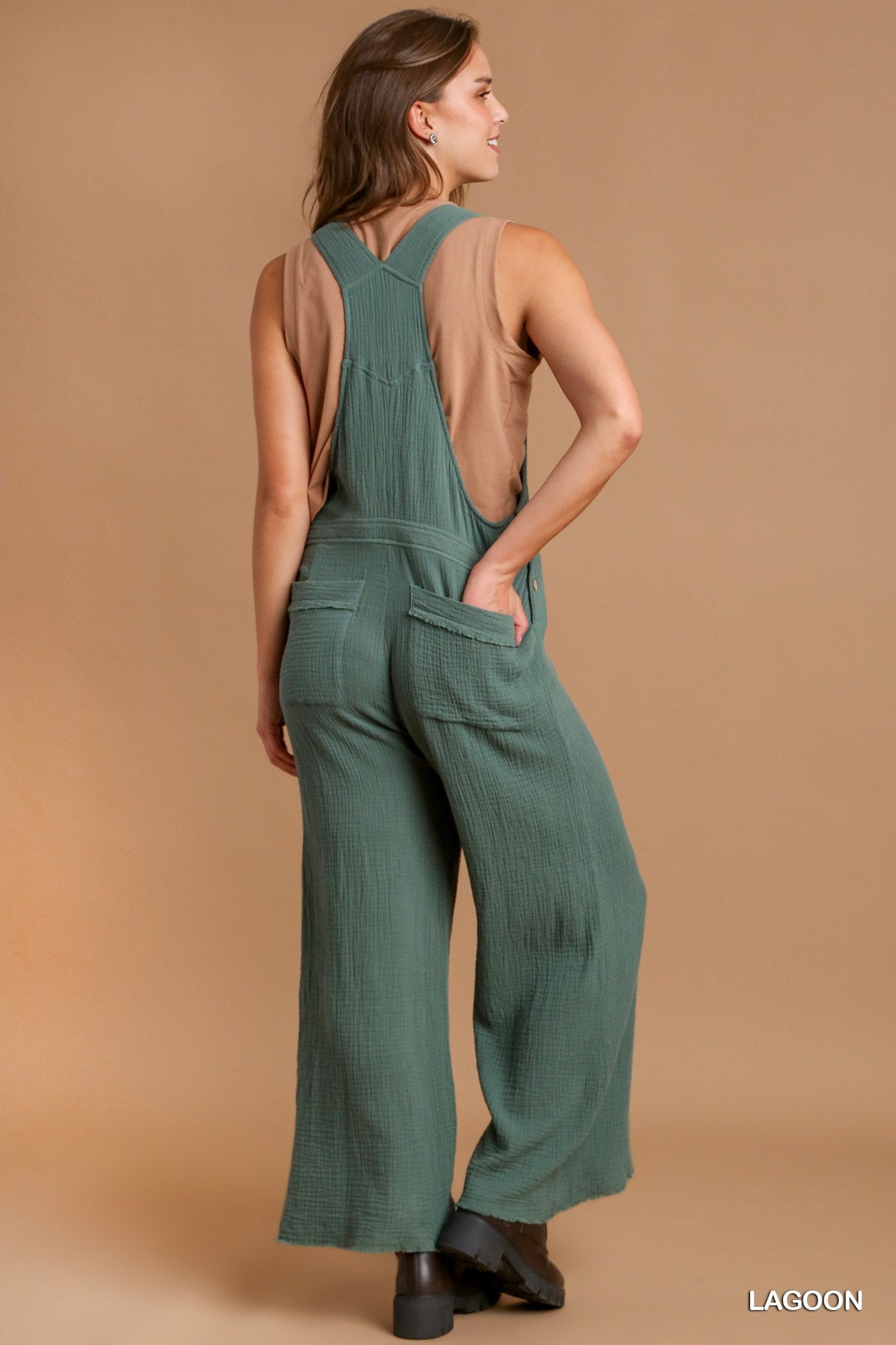 Button Detail Jumpsuit with Wide Bottoms & Unfinished Frayed Hem