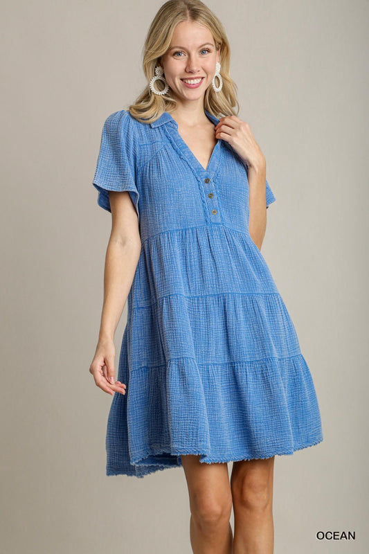 Ocean Mineral Wash Short Tiered Dress with Unfinished Frayed Hem Detail