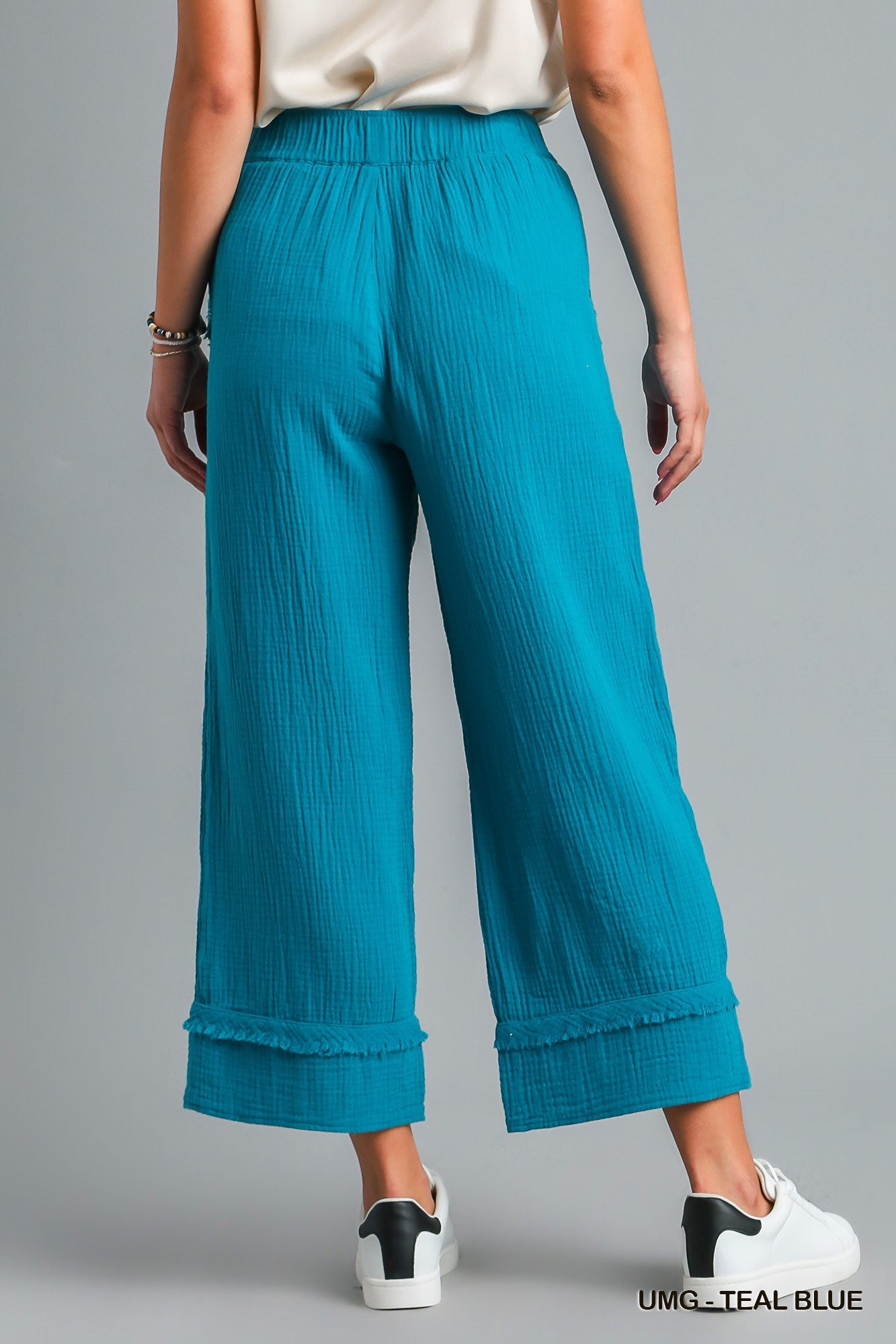 Teal Blue Wide Leg Pants with Elastic Waist Band , Unfished Frayed Hem & Side Pockets