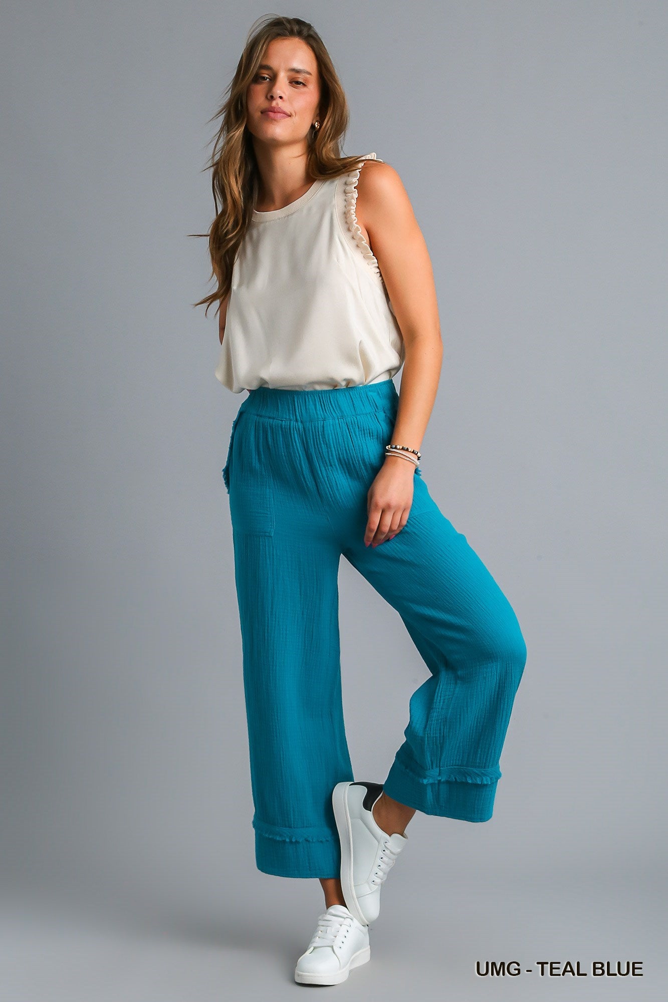 Teal Blue Wide Leg Pants with Elastic Waist Band , Unfished Frayed Hem & Side Pockets