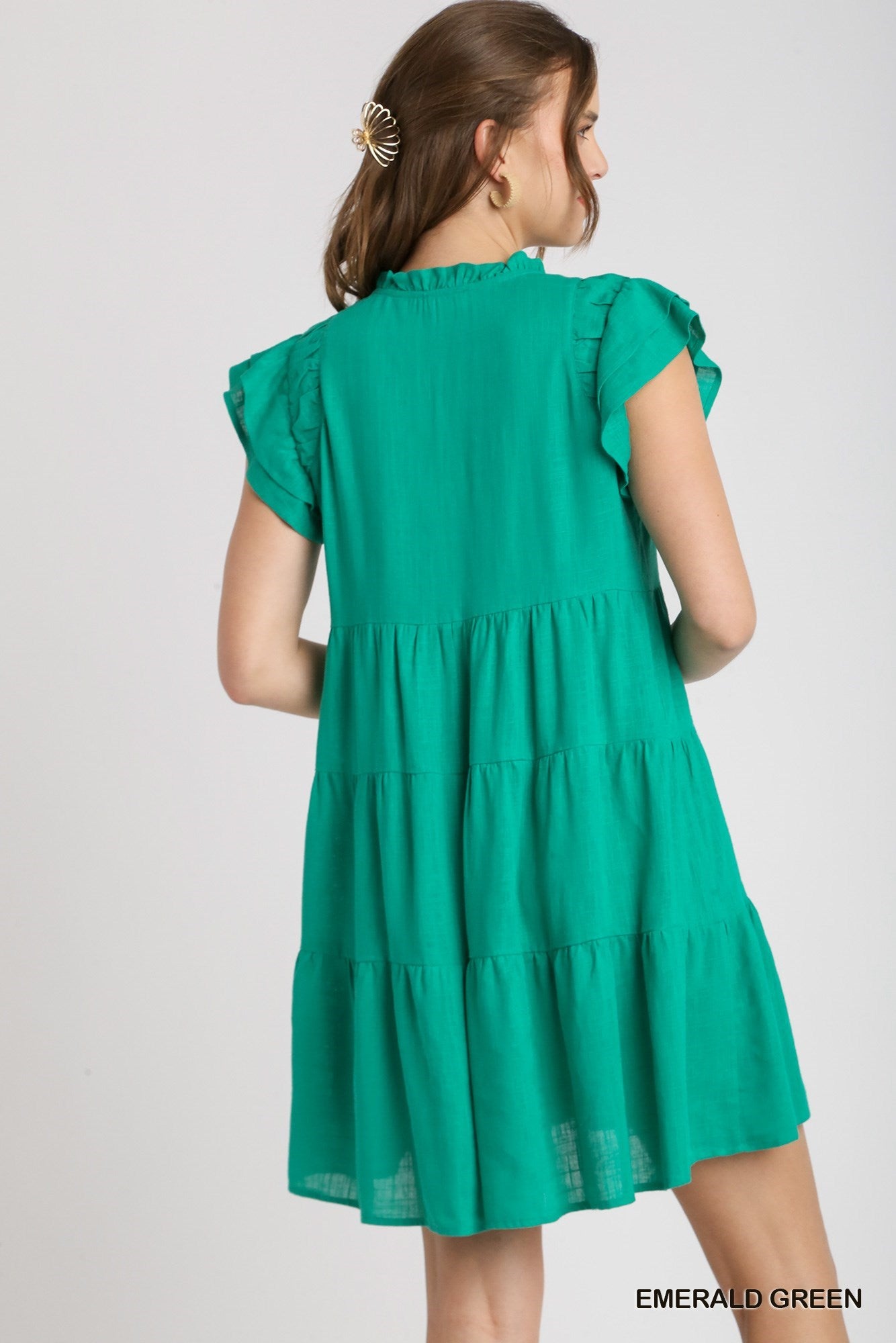 Emerald Green Linen A-Line Tie Front Mini Dress