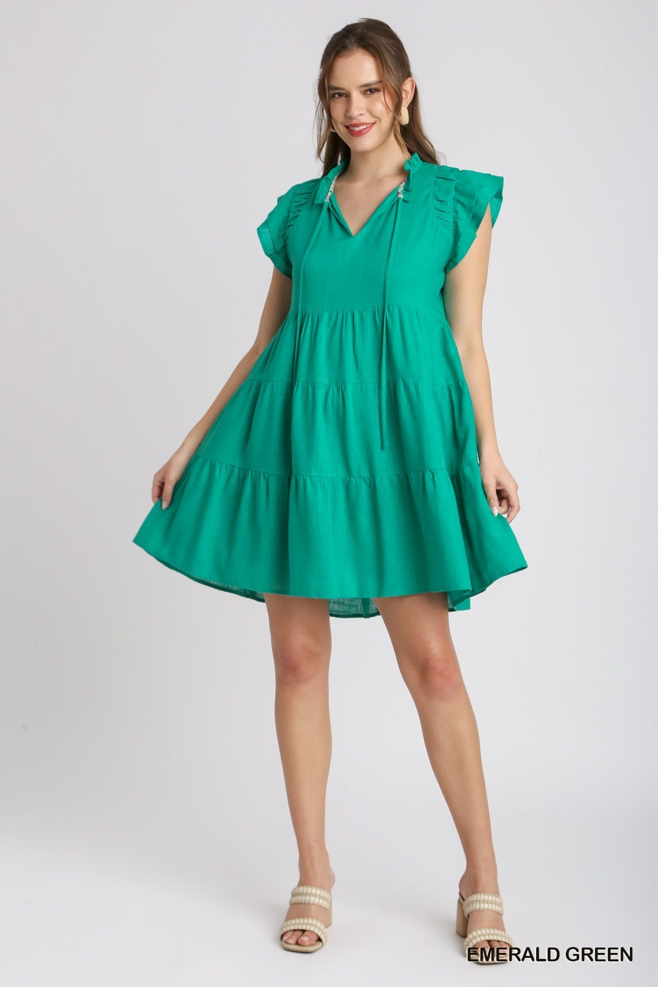 Emerald Green Linen A-Line Tie Front Mini Dress