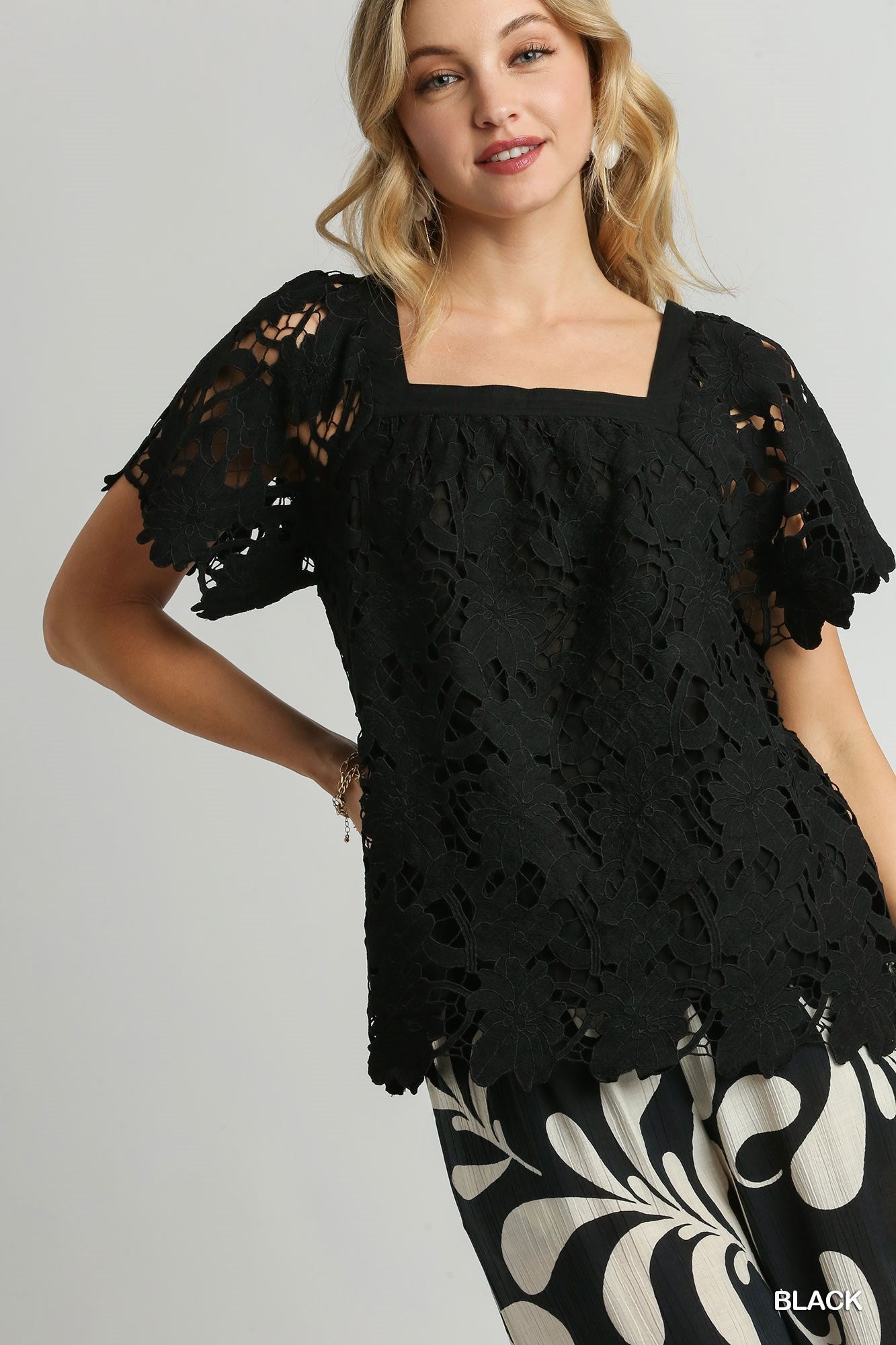 Floral Lace Square Neckline Short Sleeve Boxy Cut Top