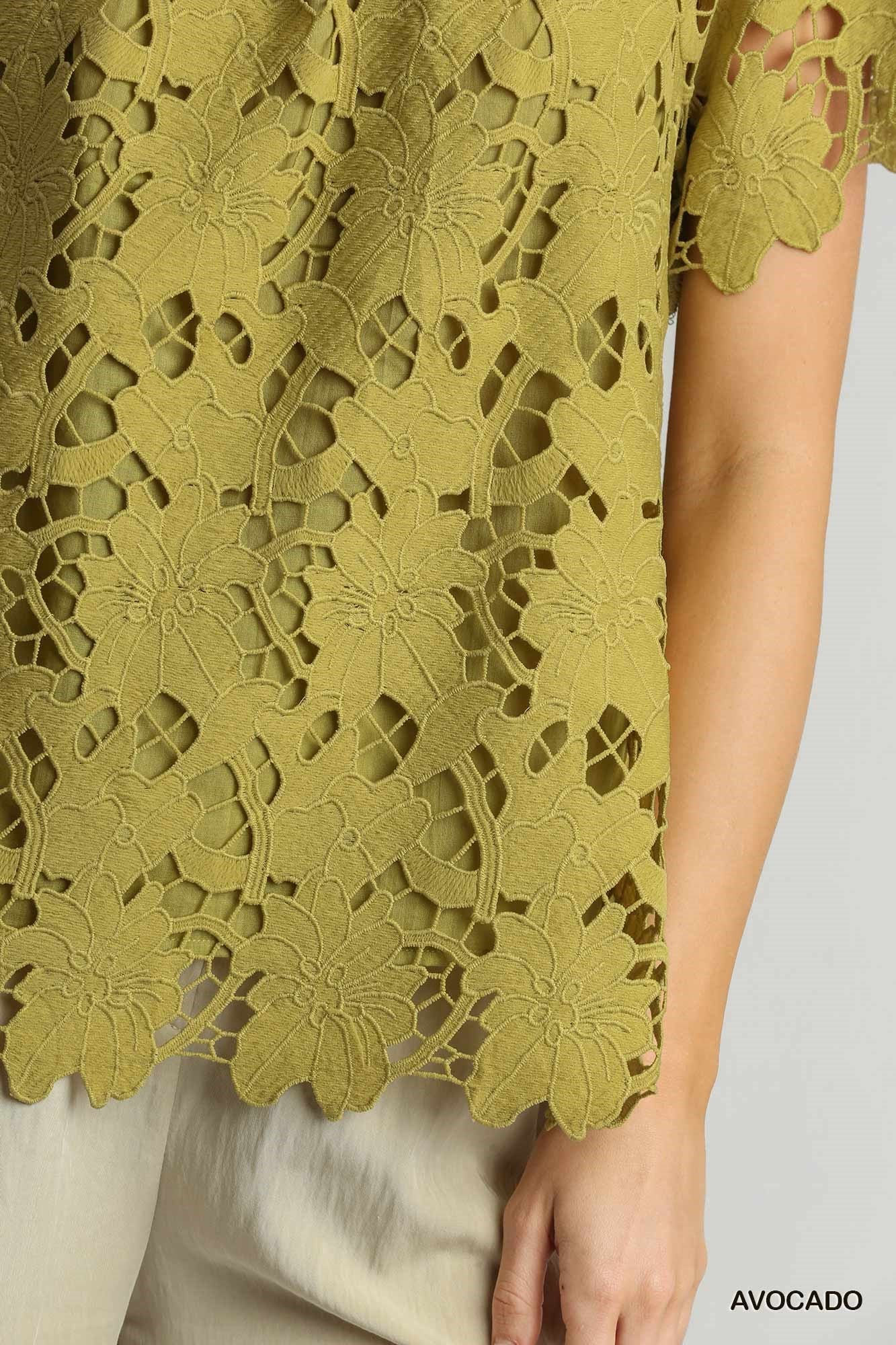 Floral Lace Square Neckline Short Sleeve Boxy Cut Top