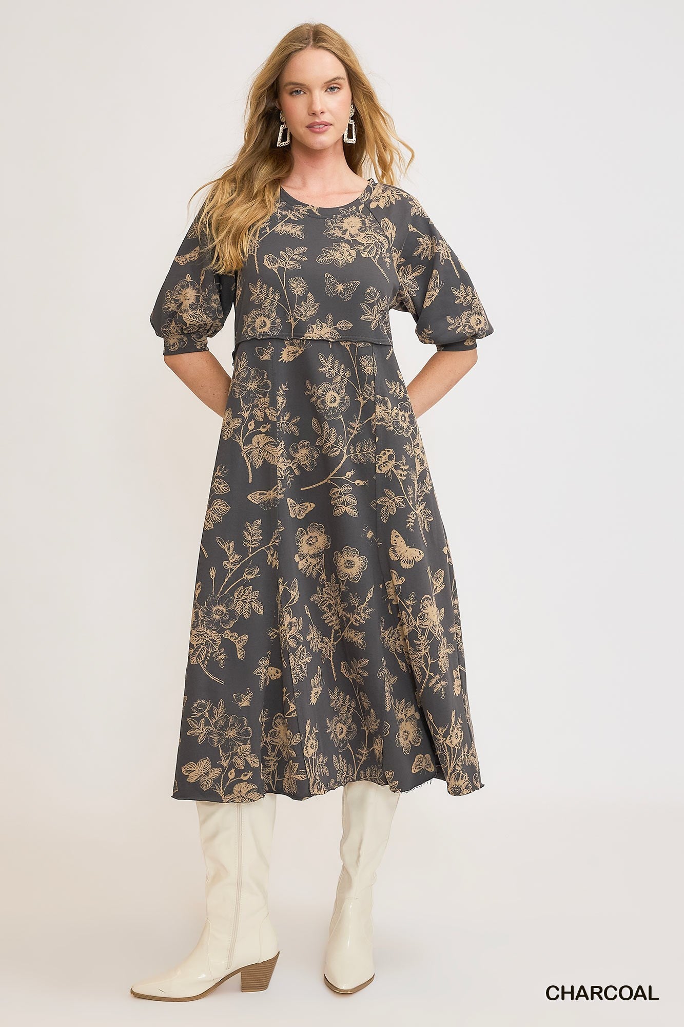 Gray Floral Print French Terry Dress