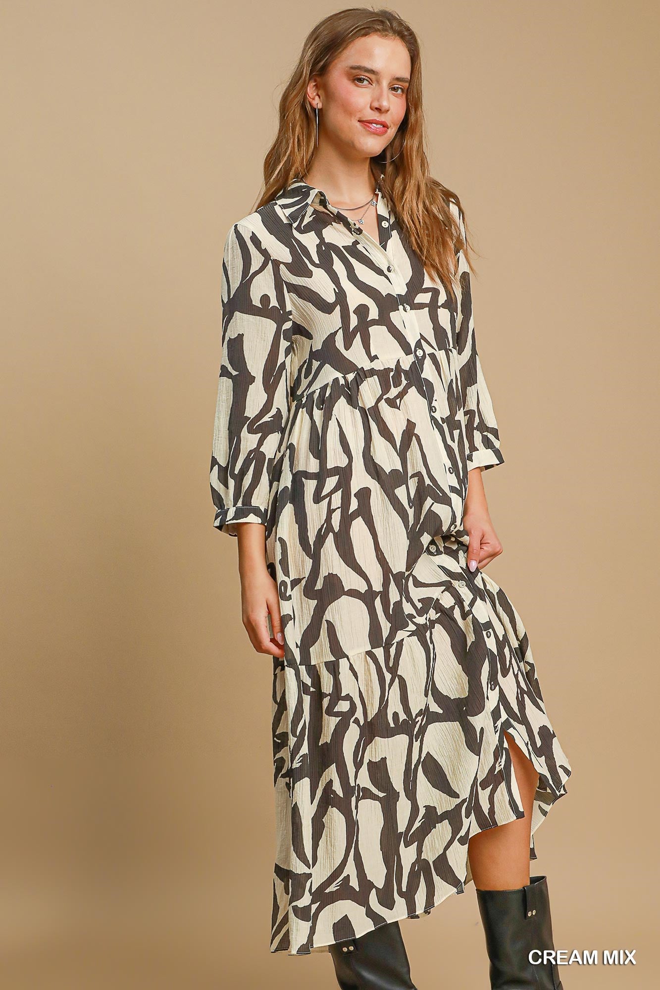 Two Tone Abstract Print Midi Dress