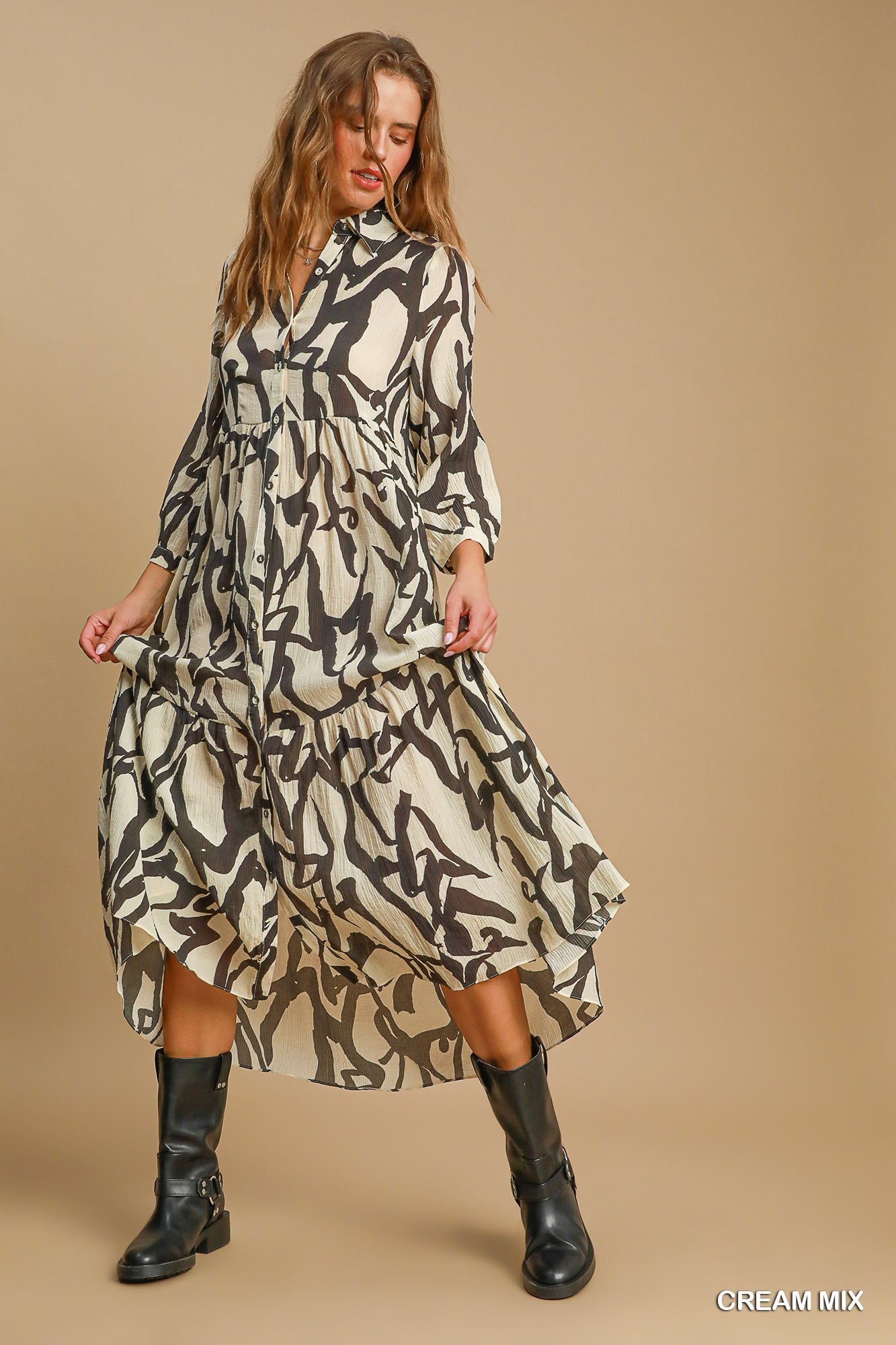 Two Tone Abstract Print Midi Dress