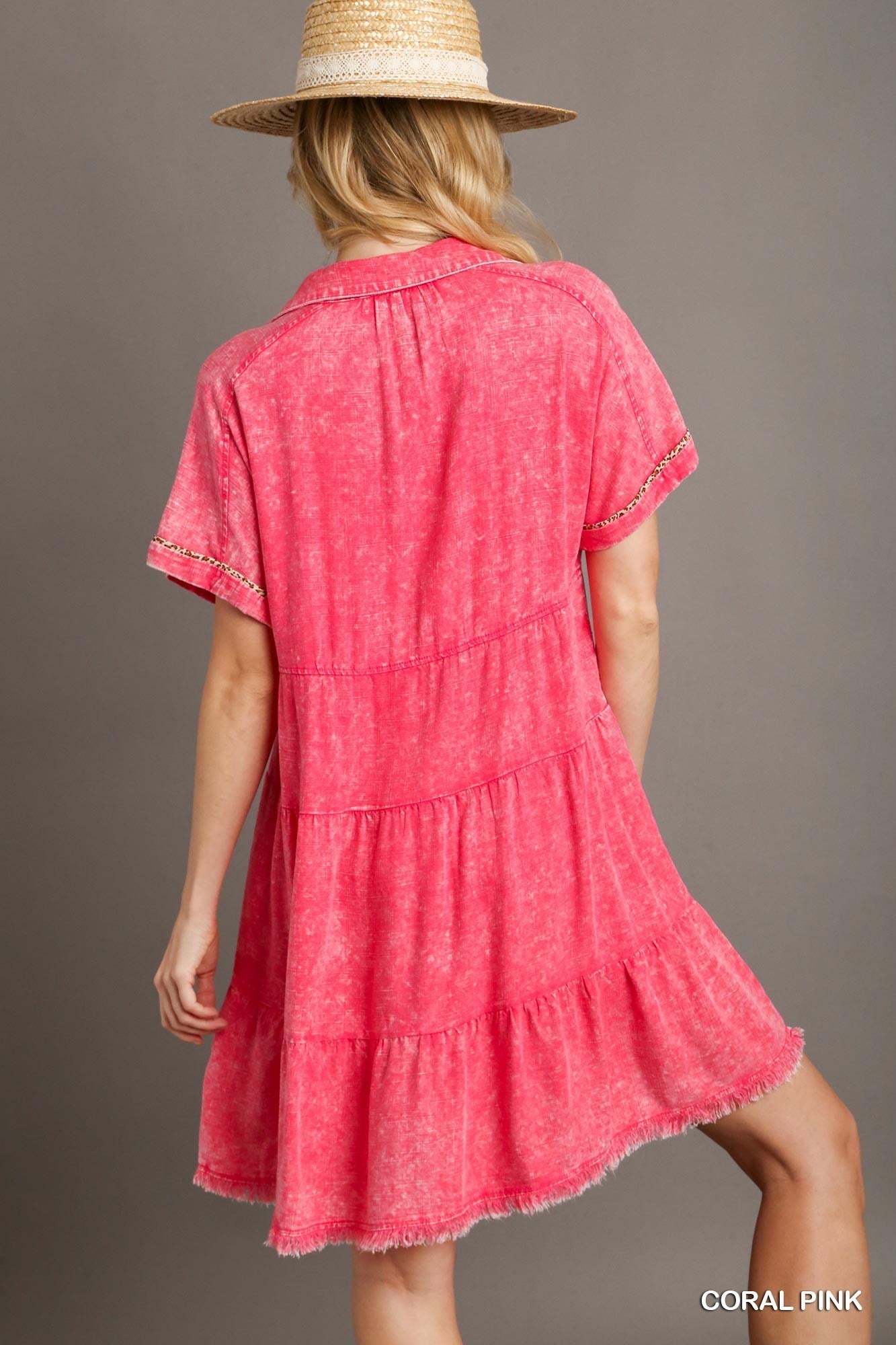 Coral Pink Mineral Wash with Contrast Detail Tiered Dress with Unfinished Frayed Hem