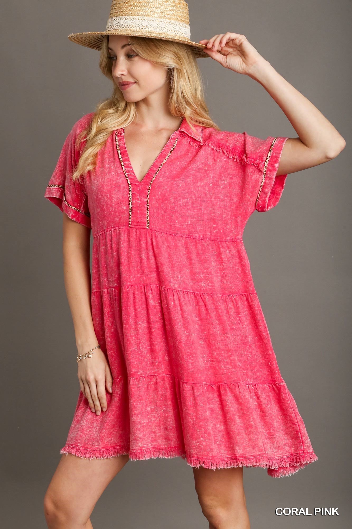 Coral Pink Mineral Wash with Contrast Detail Tiered Dress with Unfinished Frayed Hem