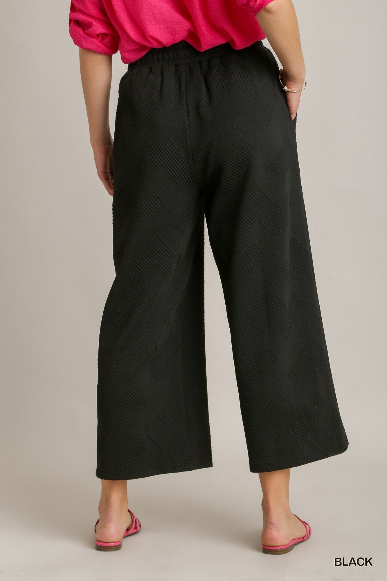 Black Oversized Criss Cross Jacquard Boxy Cut Bottoms with Seam Details