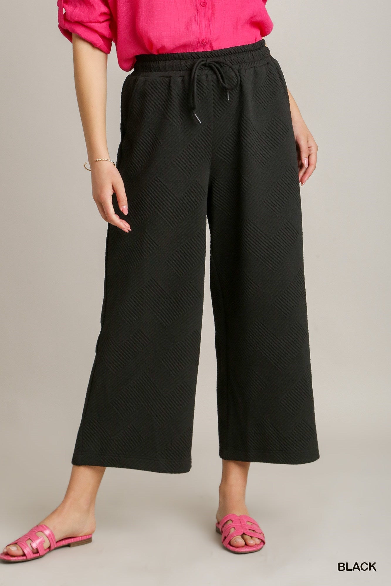 Black Oversized Criss Cross Jacquard Boxy Cut Bottoms with Seam Details