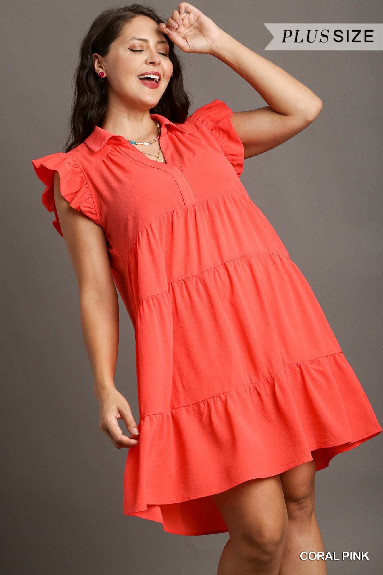 Coral Tiered Short Dress with Flutter Sleeves & Collar
