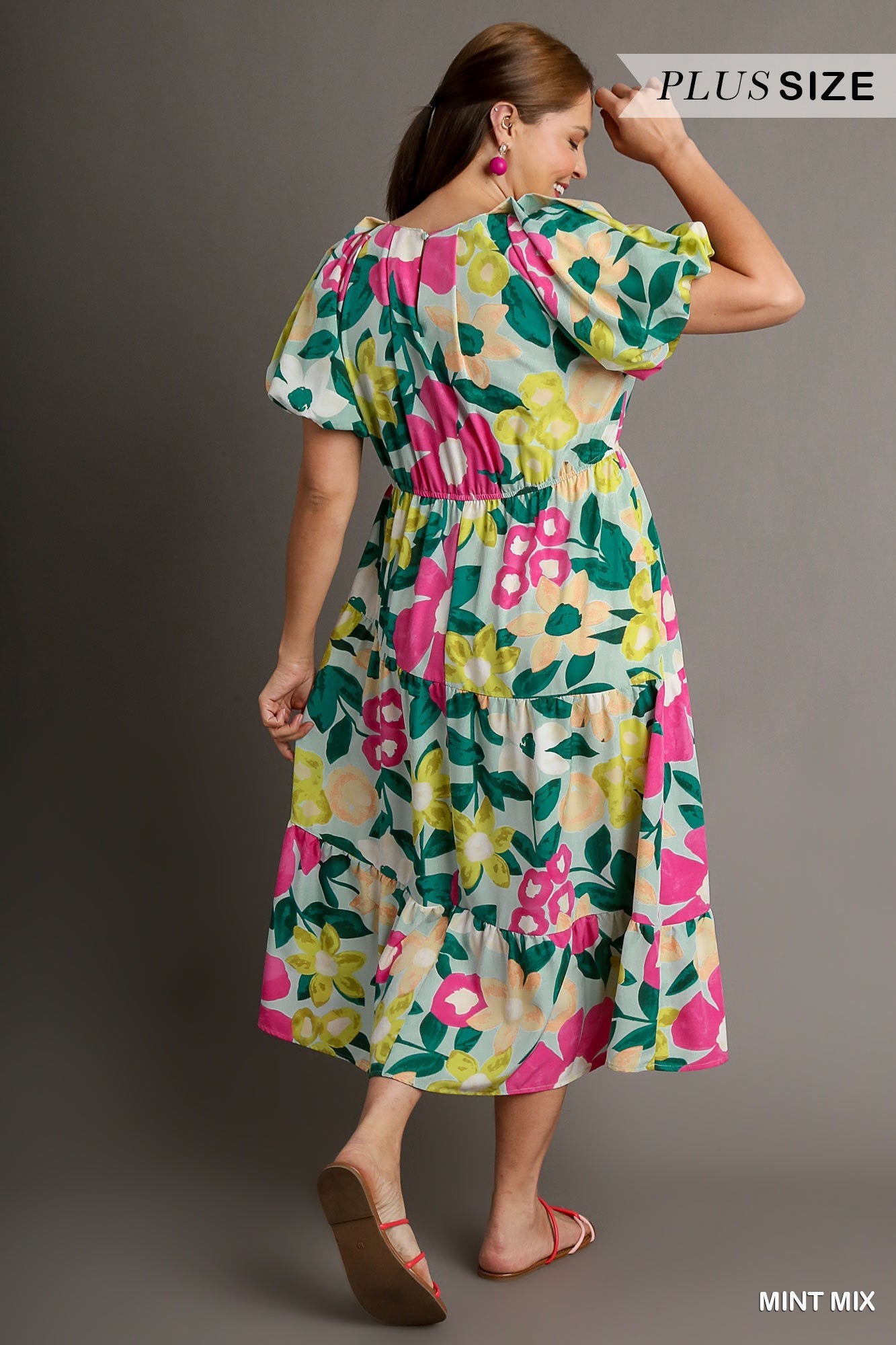 Floral Print Split Neckline Midi Dress with Short Balloon Sleeve & Pleat Features