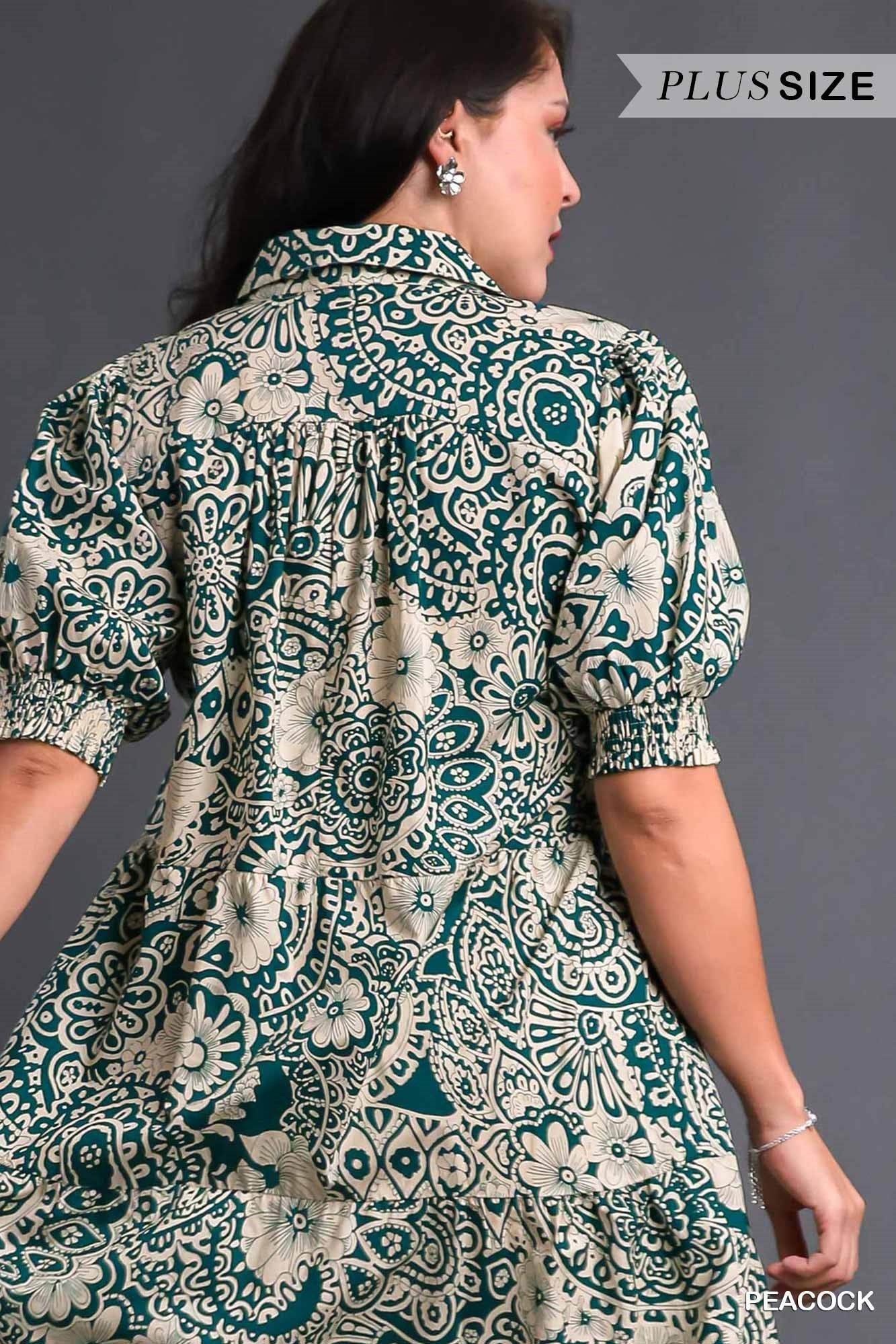 Peacock Abstract Print Tiered Dress