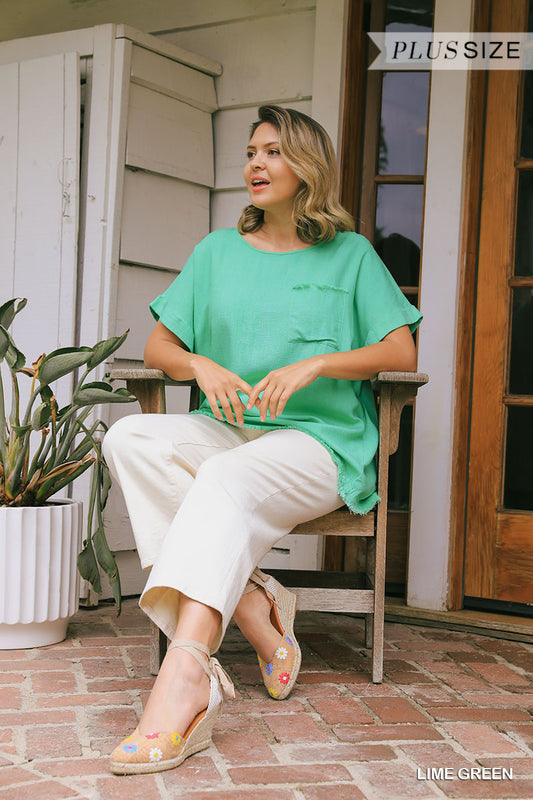 Lime Green Linen Blend Top with Cuffed Sleeves and Frayed Hemline Details