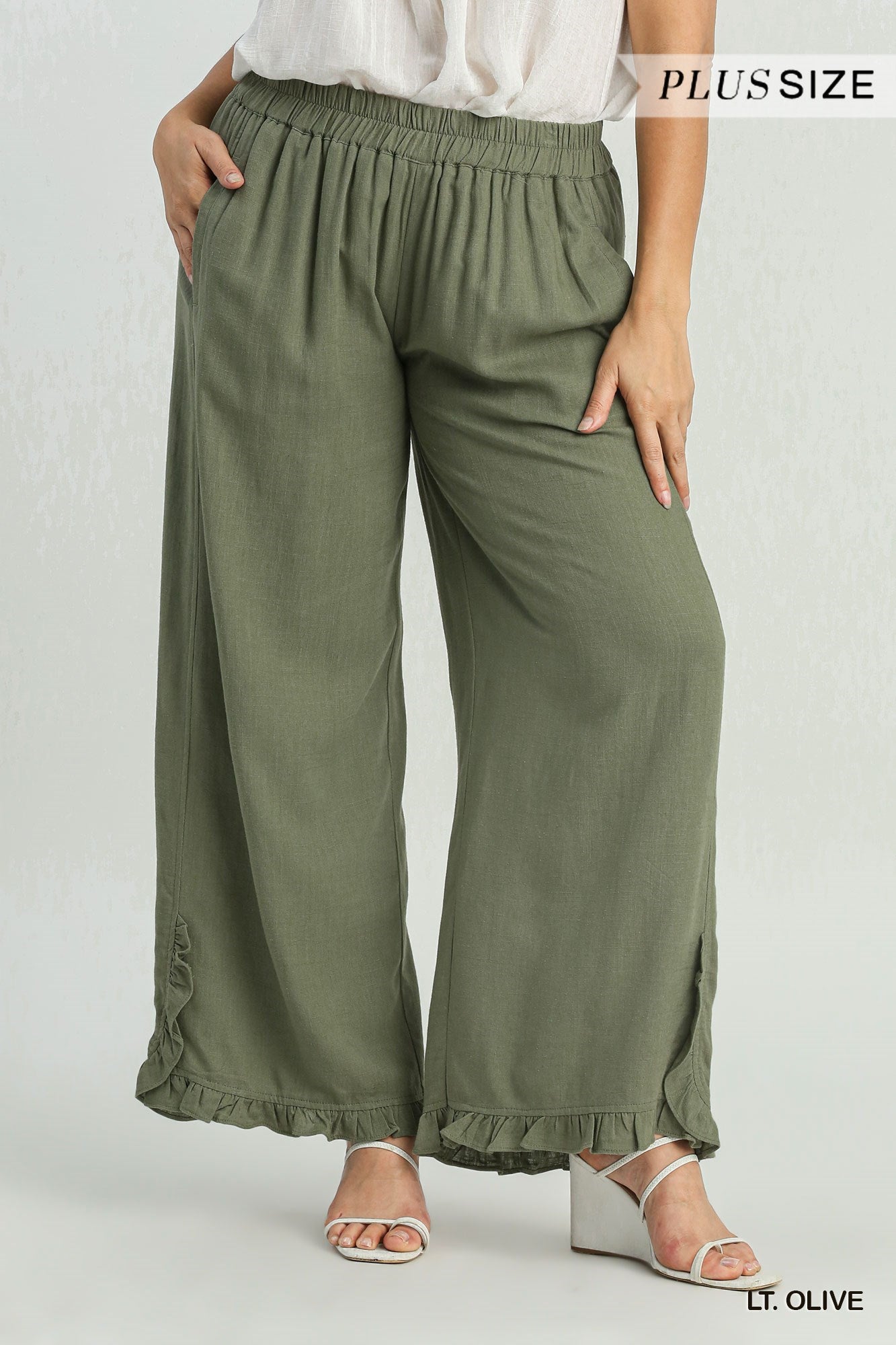 Olive Linen Blend Elastic Waist Ruffle Hem Pants with Pockets