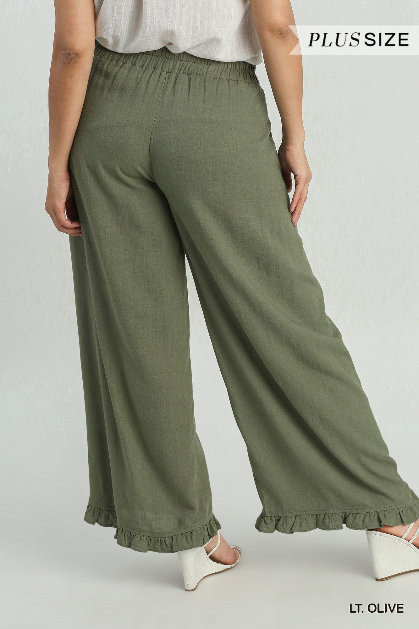 Olive Linen Blend Elastic Waist Ruffle Hem Pants with Pockets