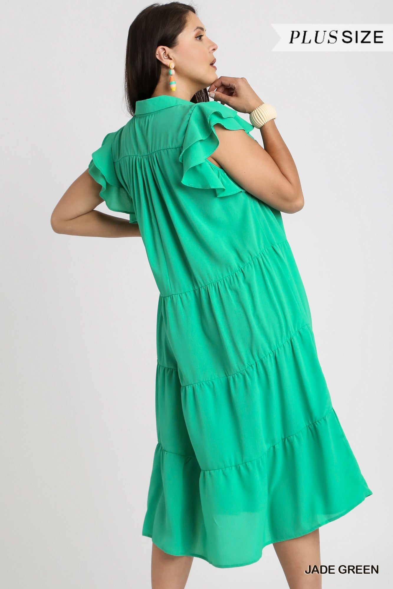Jade Green Collar Split Neck Short Ruffle Sleeves Tiered Midi Dress with No Lining