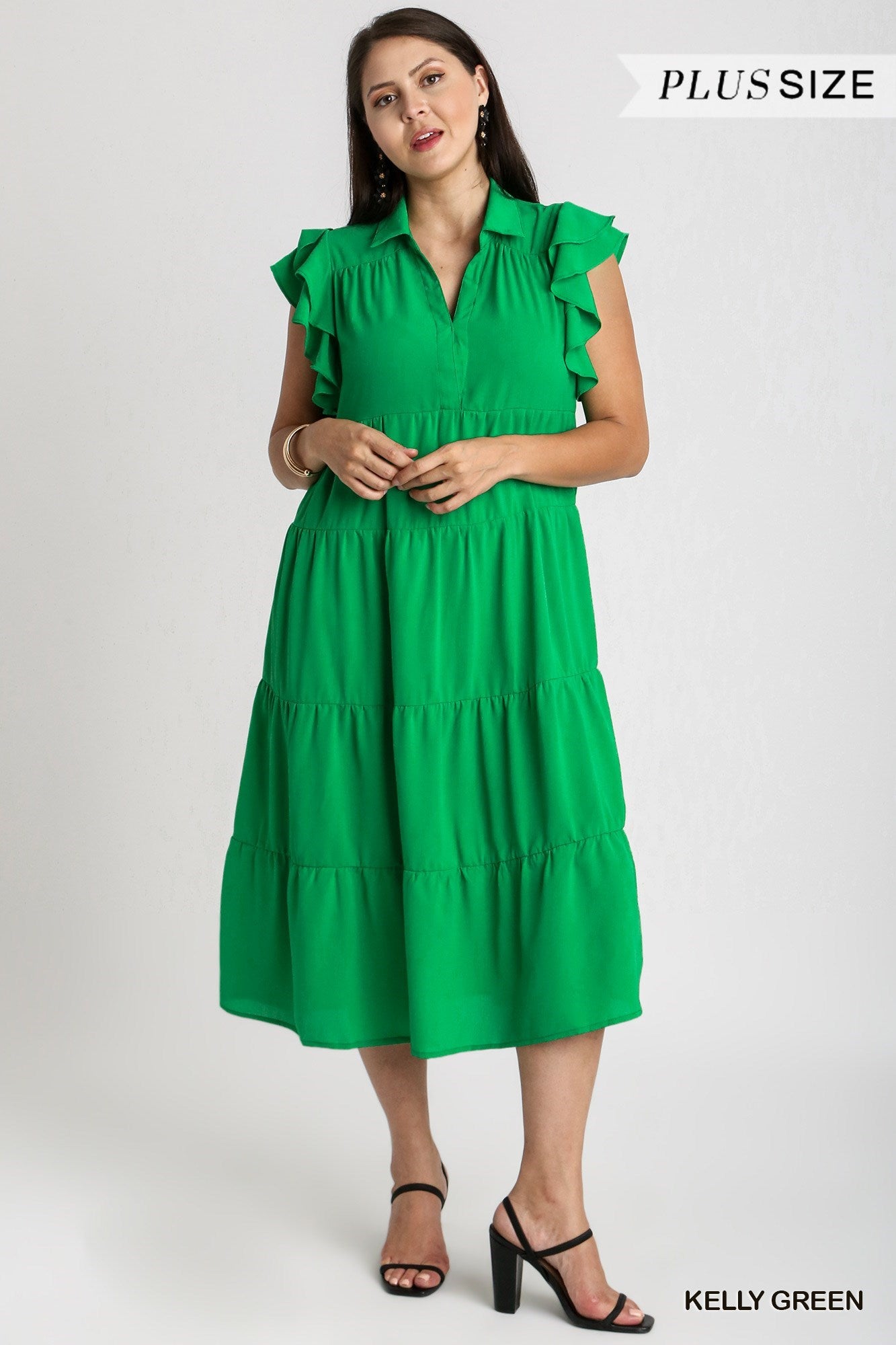 Kelly Green Collar Split Neck Short Ruffle Sleeves Tiered Midi Dress with No Lining
