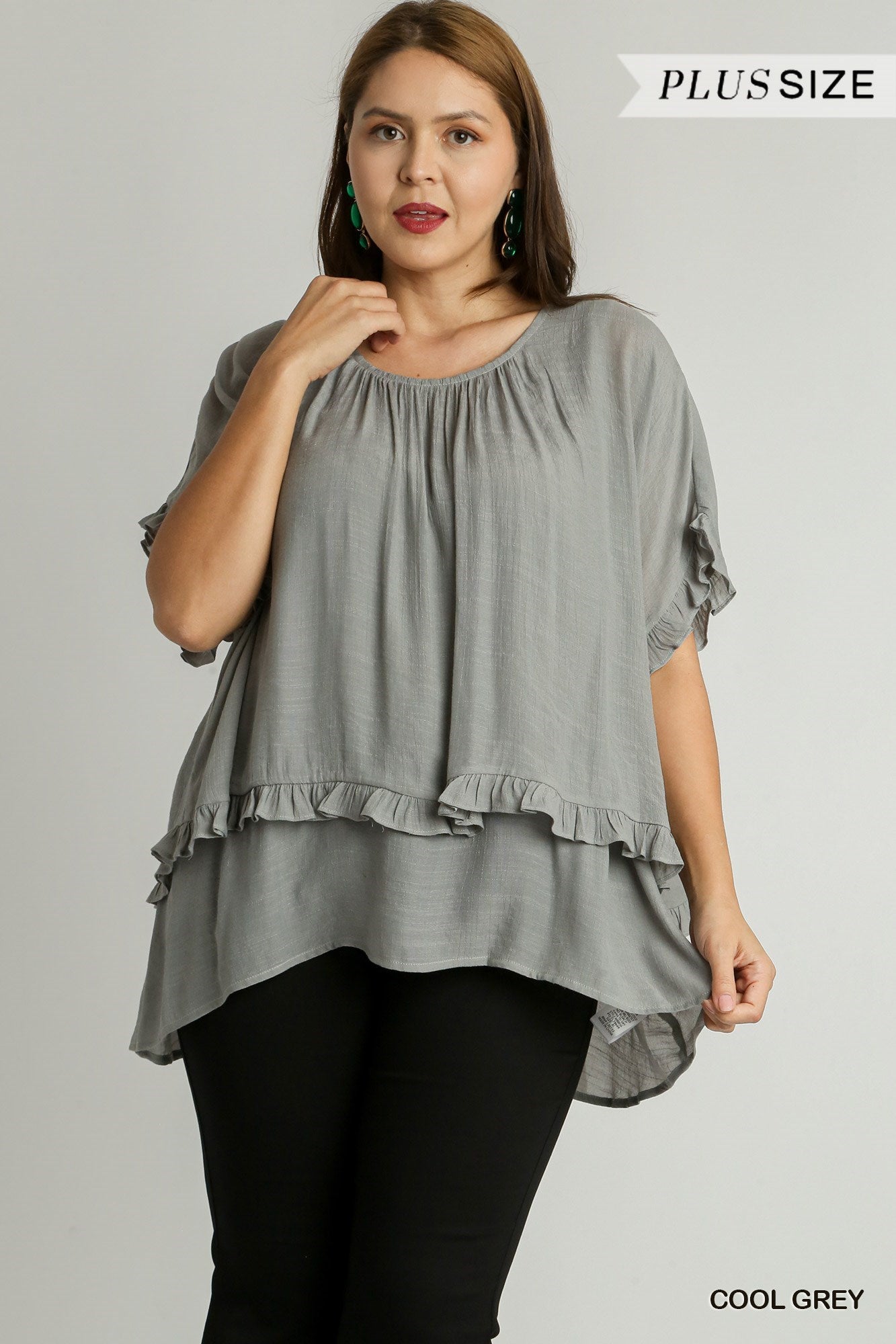 Round Neck Layered Tunic Top with Ruffle Details & 3/4 Sleeves