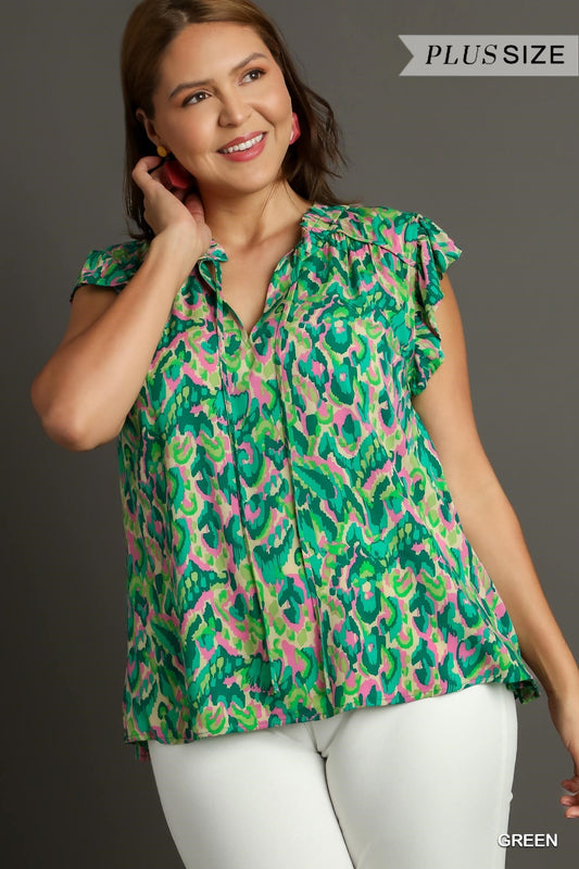 Mixed Print Boxy Cut Top with Ruffle V-Neck Front Tie & Flutter Sleeves