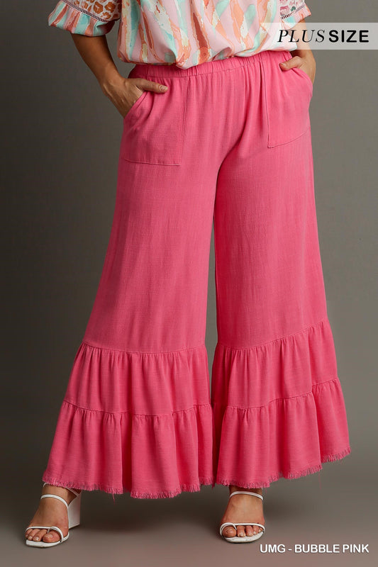 Bubble Pink Linen Blend Wide Ruffle Leg Pants with Pockets and Frayed Hem