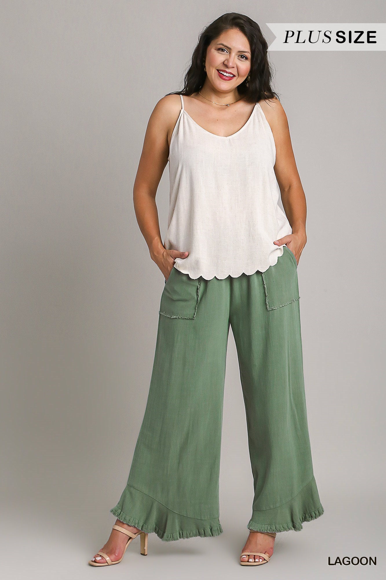 Lagoon Linen Blend Elastic Waist Band Wide Frayed Hem Pants with Side Pockets