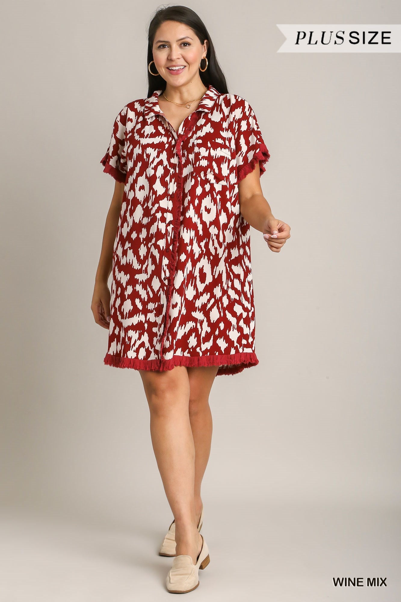 Collared Button Down High Low Hem Dress with Unfinished Frayed Hem
