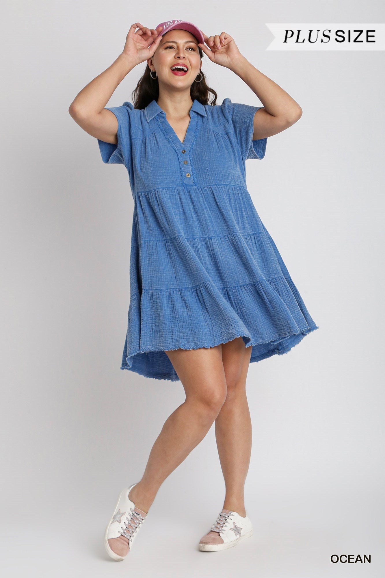 Ocean Mineral Wash Short Tiered Dress with Unfinished Frayed Hem Detail