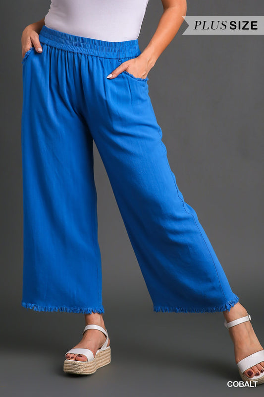 Cobalt Linen Blend Elastic Waistband Wide Leg Pants, Side Pockets, & Frayed Hem Bottoms