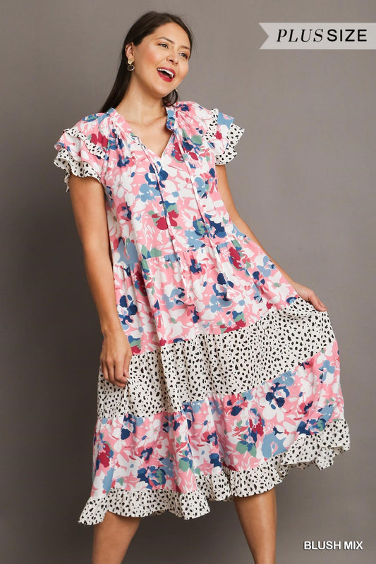 Mixed Print Midi Dress with Layered Ruffle Sleeves, & Adjustable Front Tie