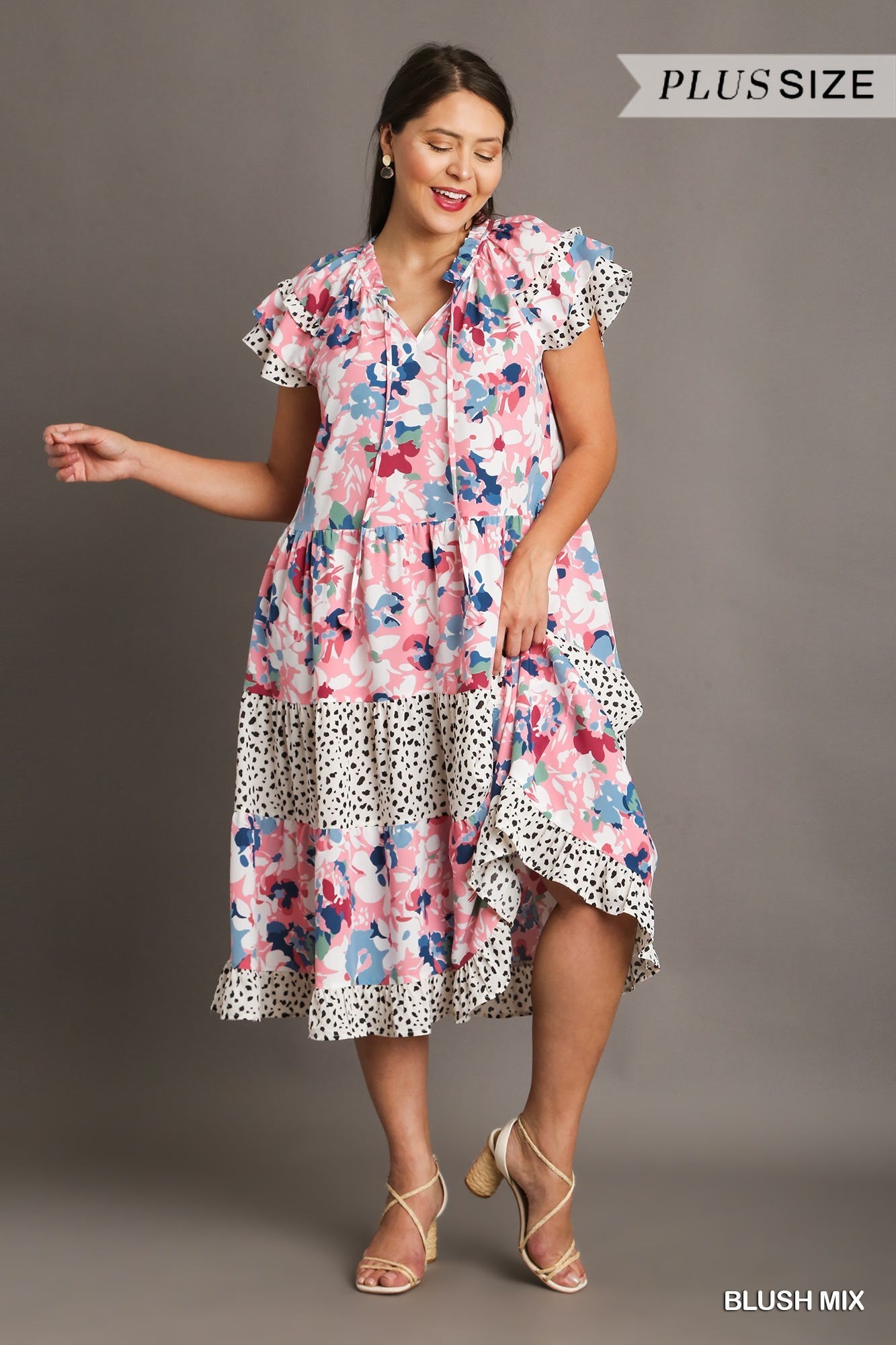 Mixed Print Midi Dress with Layered Ruffle Sleeves, & Adjustable Front Tie